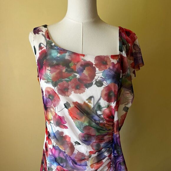 Joseph Ribkoff Floral Mesh Sheath Dress Watercolor Print Ruched Asymmetrical 12‎ - Picture 2 of 10